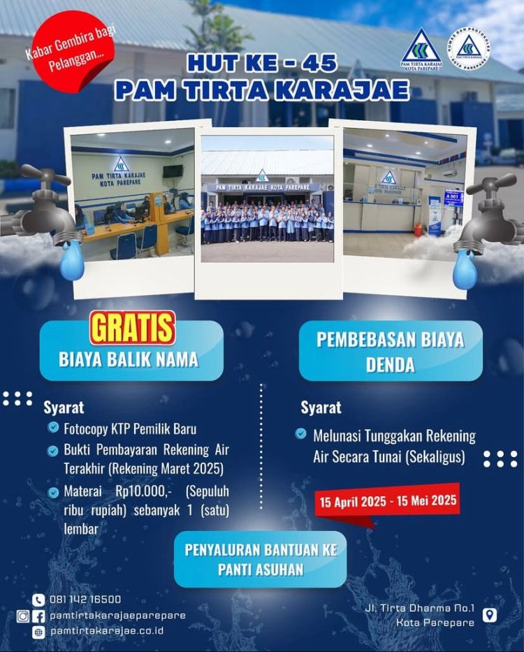 PAM Tirta Karajae Gratiskan Balik Nama dan Penghapusan Denda dalam Rangka HUT ke-45